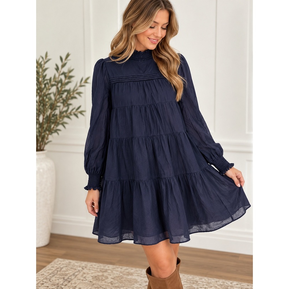 MICHAEL Michael Kors Dress Womens L Navy NWOT Smocked Cotton Tiered Babydoll